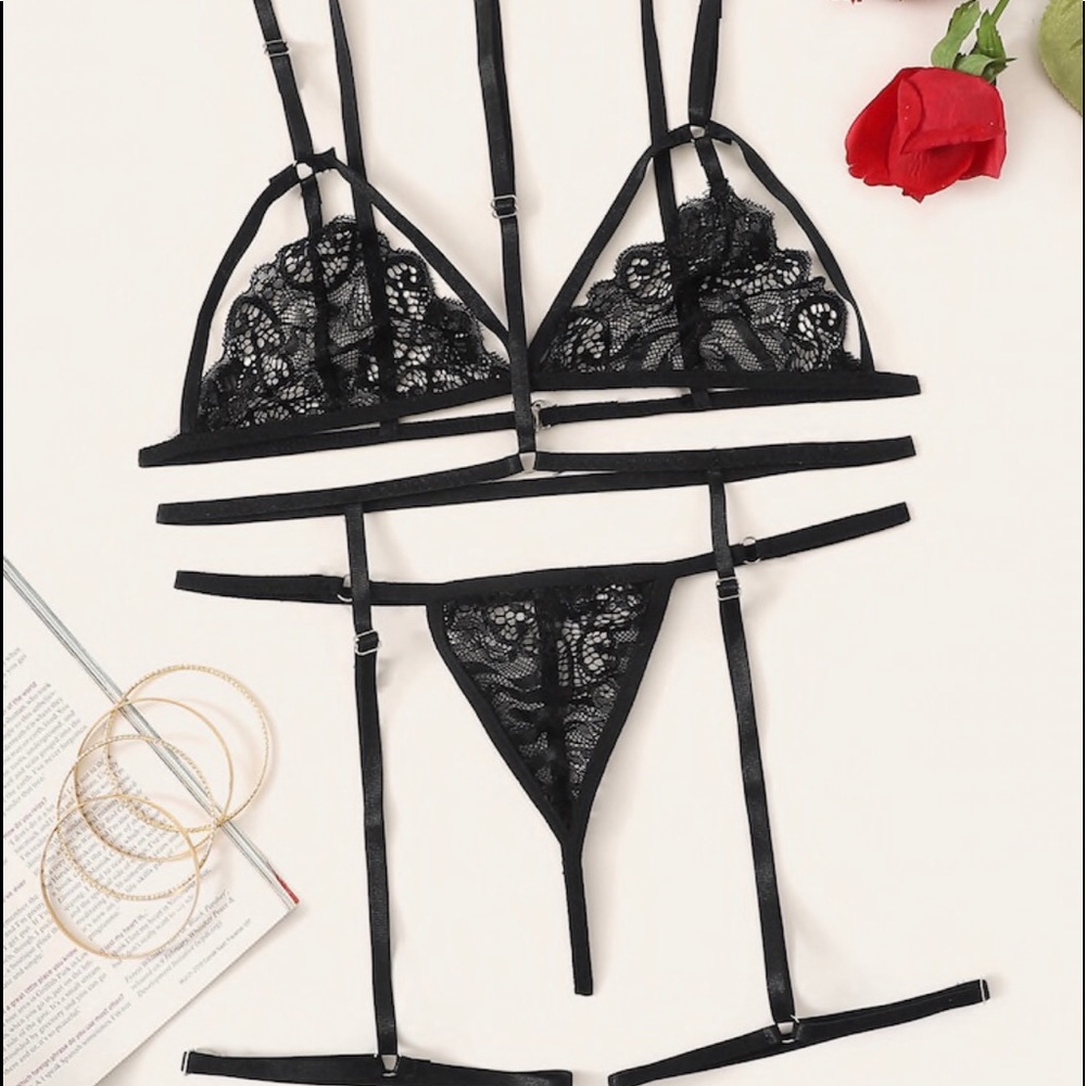 3piece black lace Lingerie bra a panty and choker